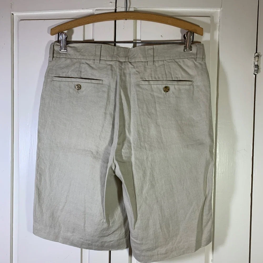 Daniel Bishop Mens 100% Linen Shorts Beige‎ Oatmeal Flat Front Size 32 33x9.5